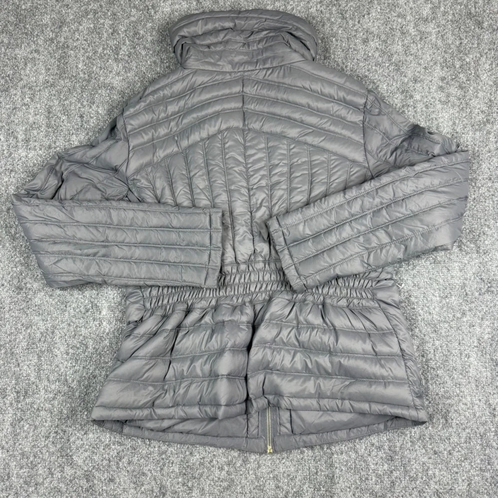 Michael Kors Down Puffer Jacket Women Large Gray Packable Gold Zip Funnel Neck